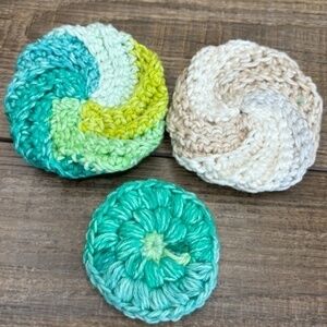 Handcrafted Crochet Spiral Tawashi and Face Round Scrubbies Set Cotton Yarn